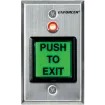 SECO-LARM - SD-7623-GSTQ - Illuminated green 2" square RTE plate with dual-color LED (red or green) and timer (1~180 sec). "PUSH TO EXIT" message can be replaced with included "PRESIONE PARA SALIR" message. NO/NC contact rated 5A@125VAC. 12~24 VDC. E