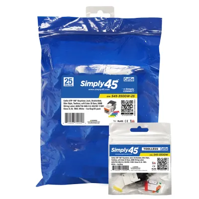 Simply 45 - S45-3500W-25 - Cat5e UTP 180° White Keystone Jack, Toolless, Dust Cover, w/6-Color Snap-On ID Bars Included. 1ea/Bag, 25/Pack