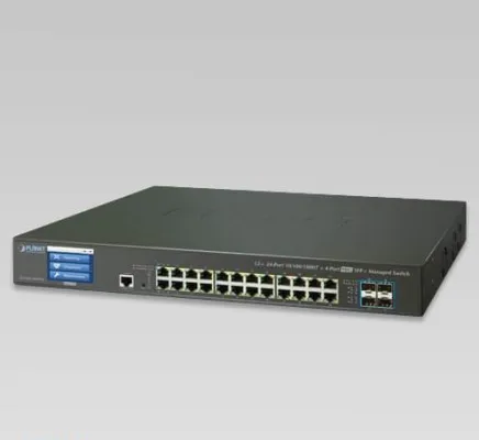 Planet - GS-5220-24T4XVR - L3 24-Port 10/100/1000T + 4-Port 10G SFP+ Managed Ethernet Switch with LCD Touch Screen and Redundant Power