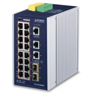 Planet - IGS-20160HPT - Industrial L3 16-Port 10/100/1000T 802.3at PoE + 2-Port 10/100/1000T + 2-Port 1G/2.5G SFP Managed Switch