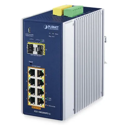 Planet - IGS-10020HPT-U - Industrial 8-port 10/100/1000T 802.3at PoE + 2-port 1G/2.5G SFP Managed Switch with USB Console