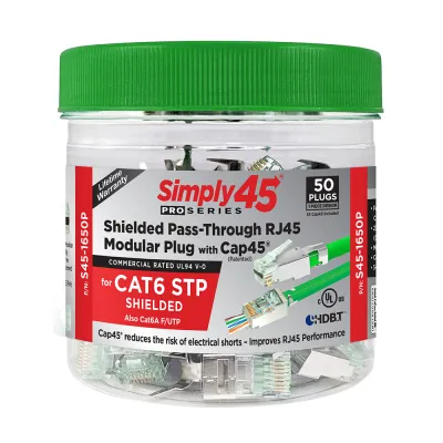 Simply 45 - S45-1650P - PROSeries Pass Through 1 Piece Shielded External Ground Green Tint - Cat6 STP with Cap45 - 50pc Jar