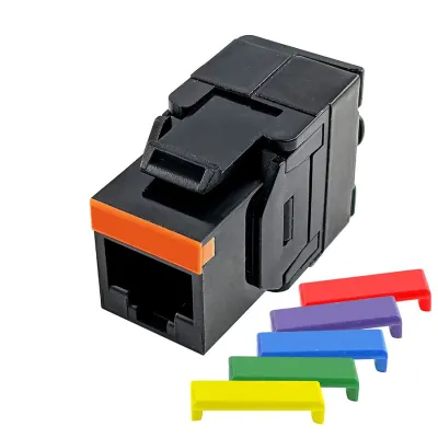 Simply 45 - S45-3500B-25 - Cat5e UTP 180° Black Keystone Jack, Toolless, Dust Cover, w/6-Color Snap-On ID Bars Included. 1ea/Bag, 25/Pack