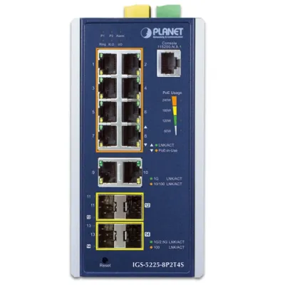 Planet - IGS-5225-8P2T4S - Industrial L2+ 8-Port 10/100/1000T 802.3at PoE + 2-Port 10/100/1000T + 2-Port 100/1G SFP + 2-Port 1G/2.5G SFP Managed Ethernet Switch