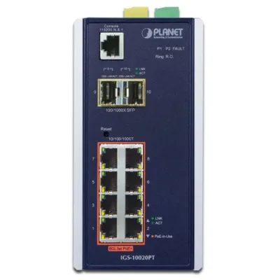 Planet - IGS-10020PT - Industrial SNMP Switch 8-Port 10/100/1000Base-TX 802.3at PoE + 2-Port 100/1000FX (SFP) (-40 ~75C)
