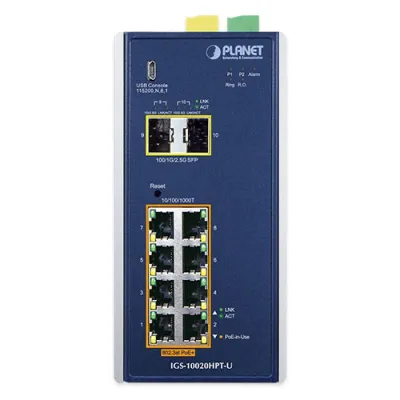 Planet - IGS-10020HPT-U - Industrial 8-port 10/100/1000T 802.3at PoE + 2-port 1G/2.5G SFP Managed Switch with USB Console