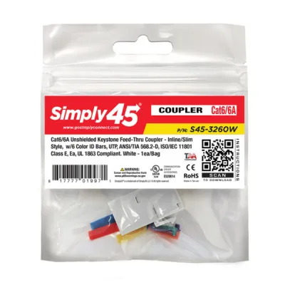 Simply 45 - S45-3260W-25 - Cat6 UTP White Keystone Feed-Thru Coupler - w/6-Color Snap-On ID Bars Included. 1ea/Bag, 25/Pack