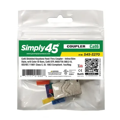 Simply 45 - S45-3270-25 - Cat6 STP Keystone Feed-Thru Coupler - w/6-Color Snap-On ID Bars Included. 1ea/Bag, 25/Pack
