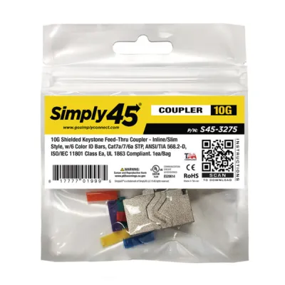 Simply 45 - S45-3275-25 - 10G STP Keystone Feed-Thru Coupler - w/6-Color Snap-On ID Bars Included. 1ea/Bag, 25/Pack