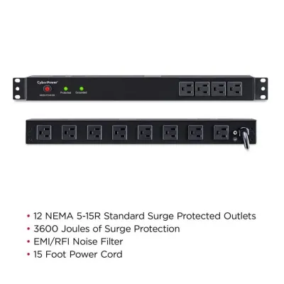 CYBERPOWER - RKBS15S4F8R - 3600 J, 120 V, NEMA 5-15P plug, 12 NEMA 5-15R (4 front, 8 rear), 15 ft cord, Limited lifetime warranty