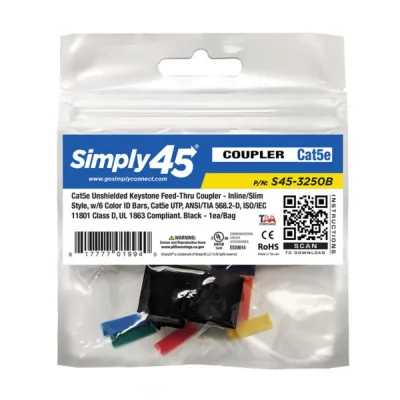 Simply 45 - S45-3250B - Cat5E UTP Black Keystone Feed-Thru Coupler - w/6-Color Snap-On ID Bars Included. 1ea/bag