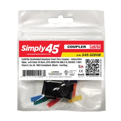 Simply 45 - S45-3260B - Cat6 UTP Black Keystone Feed-Thru Coupler - w/6-Color Snap-On ID Bars Included. 1ea/bag
