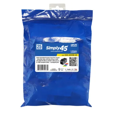 Simply 45 - S45-3250B-25 - Cat5E UTP Black Keystone Feed-Thru Coupler - w/6-Color Snap-On ID Bars Included. 1ea/Bag, 25/Pack
