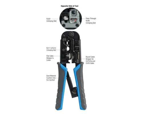 Jonard Tools - UC-4569 - 6-In-1 RJ45, RJ11/12 Modular Pass Through Crimping Tool For Cat3, Cat5/5e, And Cat6 Cables