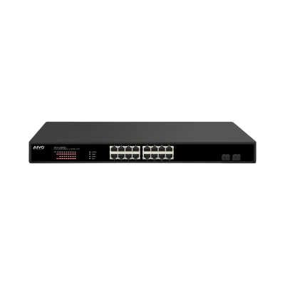 AVYCON - AVN-S16-2P16W270G - 16 Port Network Unmanaged Switch with 16 PoE/PoE+ Gigabit Ports with 2 SFP Ports, Total PoE Budget of 243W, Rack mountable (included)