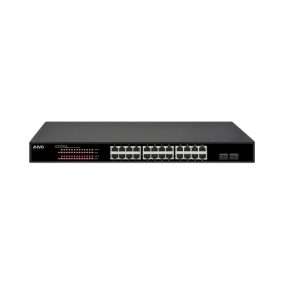 AVYCON - AVN-S24-2P24W400G-SP - 24 Port Network Unmanaged Switch with 24 PoE/PoE+ Gigabit Ports with 2 SFP Ports, Total PoE Budget of 370W, Built-in Individual Surge Protection, Rack mountable (included)