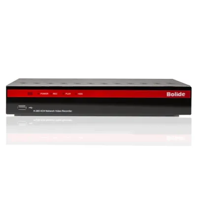 BOLIDE - BN-NVR/4NX/NDAA - 4-Channel 4K H.265 NVR with 4-Port Built-in POE, Supports Up to 4K Cameras, 40Mbps Throughput, 4K Output, HDMI, VGA,1 Hard Drive Bays Up to 12TB max, NDAA Compliant, iPac AI Enabled