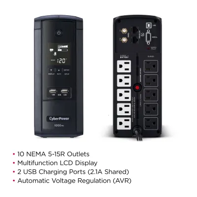 CYBERPOWER - BRG1000AVRLCD - 1000VA/600W Line Interactive UPS, Mini-tower, 10 Outlets, AVR, LCD, USB Charge Ports, Serial/USB, 5 Yr Warranty
