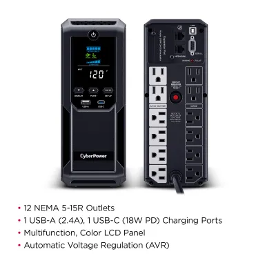 CYBERPOWER - BRG1500AVRLCD2 - 1500VA/900W Line Interactive UPS, Mini-tower, 12 Outlets, AVR, LCD, USB Charging, 5 Yr Warranty