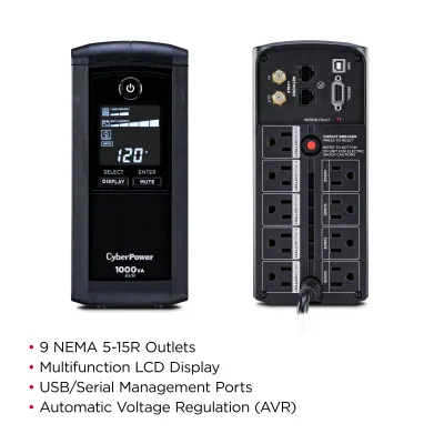 CYBERPOWER - CP1000AVRLCD - CyberPower 1000VA/600W Line-Interactive Ups AVR LCD 9 Outlets 3 Year Warranty 1080 Joules