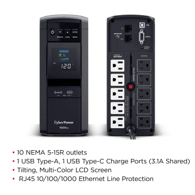 CYBERPOWER - CP1000PFCLCD - 1000VA/600W Sine wave UPS, NEMA 5-15P w/5ft Cord, 10 NEMA 5-15R Outlets, USB, Relay, 2 USB charge ports, PowerPanel Personal Software, 3 Yr Warranty
