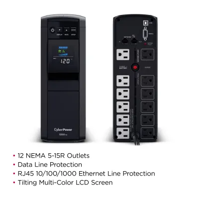 CYBERPOWER - CP1350PFCLCD - 1350VA/880W Line Interactive UPS, Sine Wave, Mini-tower, 12 NEMA 5-15R Outlets, NEMA 5-15P Plug w/5 Ft Cord, AVR, LCD, Serial/USB, 3 Yr Warranty