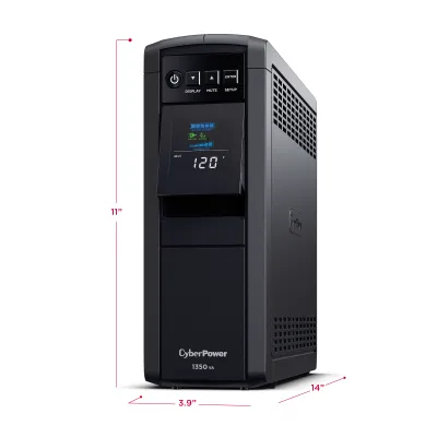 CYBERPOWER - CP1350PFCLCD - 1350VA/880W Line Interactive UPS, Sine Wave, Mini-tower, 12 NEMA 5-15R Outlets, NEMA 5-15P Plug w/5 Ft Cord, AVR, LCD, Serial/USB, 3 Yr Warranty