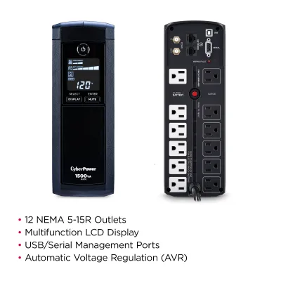 CYBERPOWER - CP1500AVRLCDTAA - 1500VA/900W Line Interactive UPS, Mini-tower, 12 Outlets, AVR, LCD, Serial/USB, TAA Compliant, 3 Yr Warranty