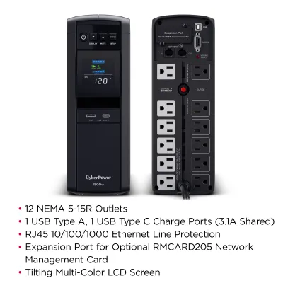 CYBERPOWER - CP1500PFCLCD - 1500VA/1000W, PFC Sine Wave Mini-tower UPS, 12 NEMA 5-15R, NEMA 5-15P, USB, Relay, SNMP, 3 Yr Wty