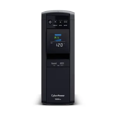CYBERPOWER - CP1500PFCLCD - 1500VA/1000W, PFC Sine Wave Mini-tower UPS, 12 NEMA 5-15R, NEMA 5-15P, USB, Relay, SNMP, 3 Yr Wty