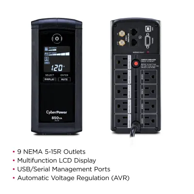 CYBERPOWER - CP850AVRLCD - CyberPower 850VA/510W Line-Interactive UPS AVR LCD 9 Outlets 3 Year Warranty 1080 Joules