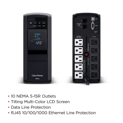 CYBERPOWER - CP850PFCLCD - 850VA/510W Line Interactive UPS, Sine Wave, Mini-tower, 10 NEMA 5-15R Outlets, NEMA 5-15P Plug w/5 Ft Cord, AVR, LCD, Serial/USB, 3 Yr Warranty