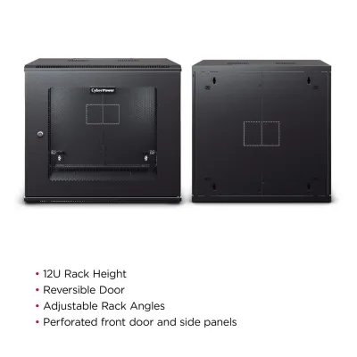 CYBERPOWER - CR12U61003 - 12U 19" Wall Mount Enclosure, 600mm wide, 600mm deep, hex perforated metal door, side panels, locking doors/side panels, black, 132lbs (60kg) loading capacity, 5 year warranty