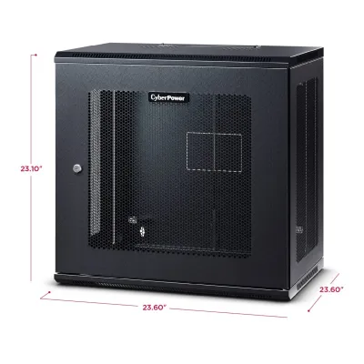 CYBERPOWER - CR12U61003 - 12U 19" Wall Mount Enclosure, 600mm wide, 600mm deep, hex perforated metal door, side panels, locking doors/side panels, black, 132lbs (60kg) loading capacity, 5 year warranty