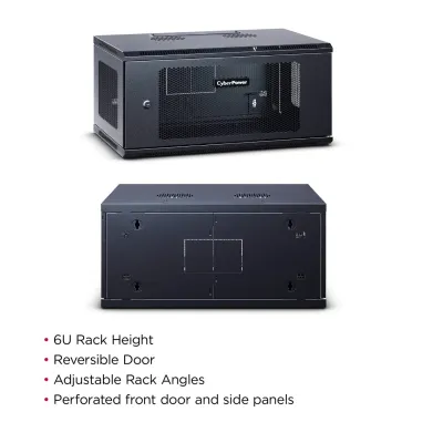 CYBERPOWER - CR6U61003 - 6U 19" Wall Mount Enclosure, 600mm wide, 600mm deep, hex perforated metal door, side panels, locking doors/panels, black, 132lbs (60kg) loading capacity, 5 year warranty