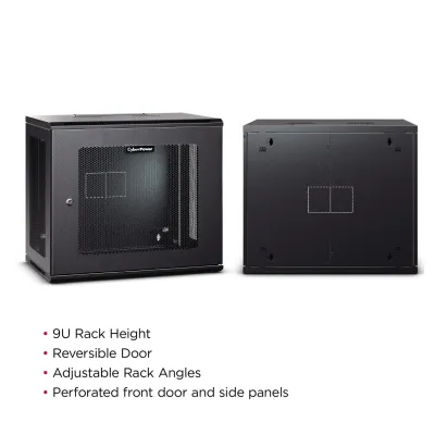 CYBERPOWER - CR9U61003 - 9U 19" Wall Mount Enclosure, 600mm wide, 600mm deep, hex perforated metal door, side panels, locking doors/panels, black, 132lbs (60kg) loading capacity, 5 year warranty