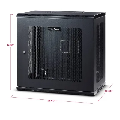 CYBERPOWER - CR9U61003 - 9U 19" Wall Mount Enclosure, 600mm wide, 600mm deep, hex perforated metal door, side panels, locking doors/panels, black, 132lbs (60kg) loading capacity, 5 year warranty