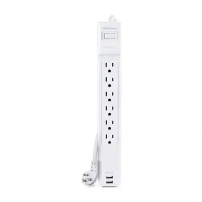 Cyber Power - CSP606U42A - 6-Outlet Surge Protector with 2 USB 2.4A, 900 Joules, 6FT Cord, EMI/RFI Filtering, White