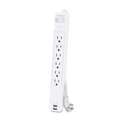 Cyber Power - CSP606U42A - 6-Outlet Surge Protector with 2 USB 2.4A, 900 Joules, 6FT Cord, EMI/RFI Filtering, White