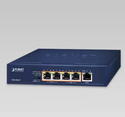 Planet - GSD-504UP - 2-Port 10/100/1000T 802.3bt PoE + 2-Port 10/100/1000T 802.3at PoE + 1-Port Gigabit Desktop Switch (External 120W)