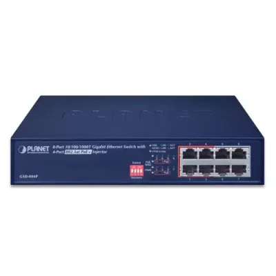 Planet - GSD-804P - 10" 8-Port 10/100/1000 Gigabit Ethernet Switch with 4-Port 802.3at PoE+ Injector (60W PoE Budget, 200m Extend mode and fanless)