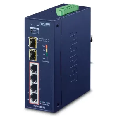 Planet - IGS-624HPT - Industrial 4-Port 10/100/1000T 802.3at PoE + 2-Port 100/1000X SFP Ethernet Switch