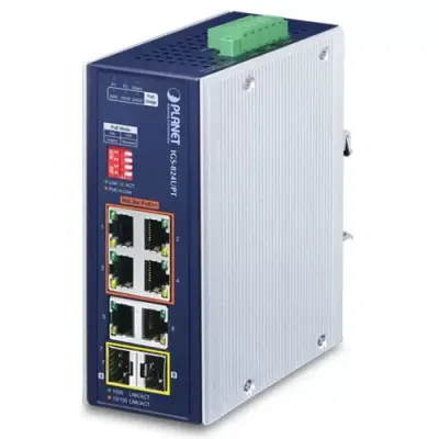 Planet - IGS-824UPT - IP30 Industrial 4-Port 10/100/1000T 95W 802.3bt PoE + 2-Port 10/100/1000T + 2-Port 100/1000X SFP Gigabit Ethernet Switch(802.3bt Type-4, BT/Legacy and Force DIP switch, -40 to 75 C, dual 48V~54V DC, PoE Usage LED)