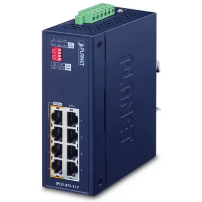 Planet - IPOE-470-12V - IP30 Industrial 4-port 10/100/1000T 95W 802.3bt PoE++ Injector Hub w/ 12V Booster (240 Watts PoE budget, PoE Usage LED, BT/Legacy DIP switch, -40~75 degrees C, dual 12V~54V DC power boost)