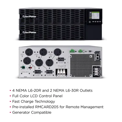 CYBERPOWER - OL10KRTHD - 10KVA/10KW, High Density, Online Double-Conversion, PF=1, 4U rack/tower, 200-240V Input Hardwire, 200-240V Output, 4 NEMA L6-20R, 2 NEMA L6-30R, Color Matrix LCD, USB, Serial, EPO, Optional RMCARD205, 3 year warranty