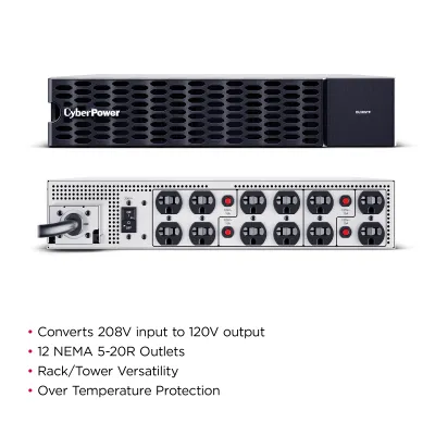 CYBERPOWER - OL5KSTF - 5KVA/5KW 208V to 120V Step-down Transformer, 2U RT convertible, (12) NEMA 5-20R outlets, and 3-year warranty