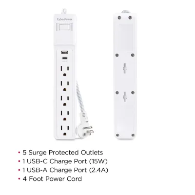 CYBERPOWER - P504UC - 5-Outlet Surge Suppressor - 4 FT Cord 1 USB A 1 USB C