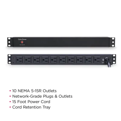 Cyber Power - PDU15B10R - 15A (Derated to 12A), 120 V, 50Hz/60Hz, NEMA 5-15P plug, 10 NEMA 5-15R, 1U Rackmount, 15 ft Cord, Limited lifetime warranty