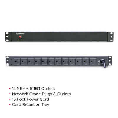 Cyber Power - PDU15B12R - 15A (Derated to 12A), 120 V, 50Hz/60Hz, NEMA 5-15P plug, 12 NEMA 5-15R, 1U Rackmount, 15 ft Cord, Limited lifetime warranty