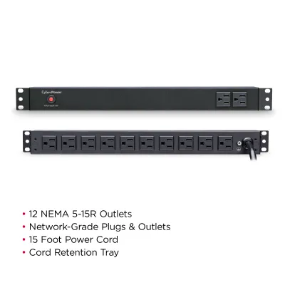 Cyber Power - PDU15B2F10R - 15A (Derated to 12A), 120 V, 50Hz/60Hz, NEMA 5-15P plug, 12 NEMA 5-15R, 1U Rackmount, 15 ft Cord, Limited lifetime warranty